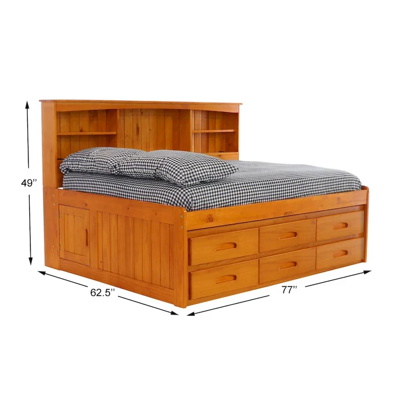 Honey Solid Pine Bookcase Headboard Daybed with 6 Drawers – Full, Single Sleeper