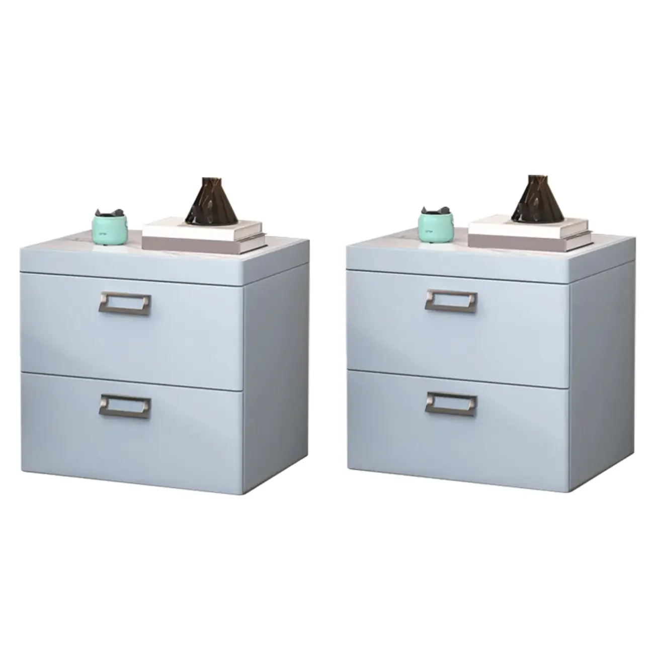 Modern Faux Leather 2 Drawers Nightstand with Stone Top