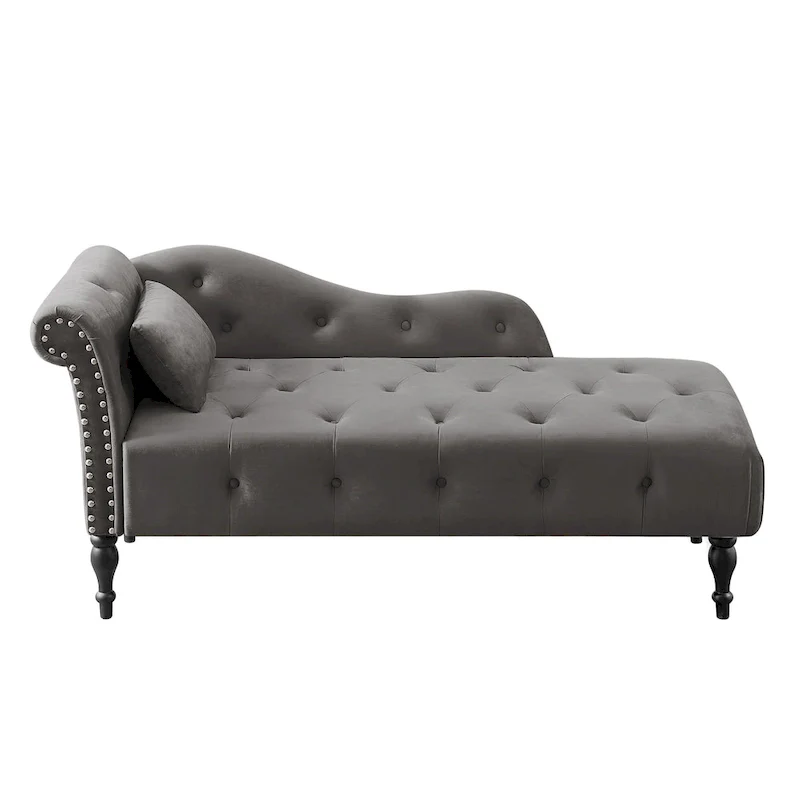 Modern 60.6 Velvet Upholstered Buttons Tufted Chaise Lounge Chair with Solid Wood Legs and Nailheads