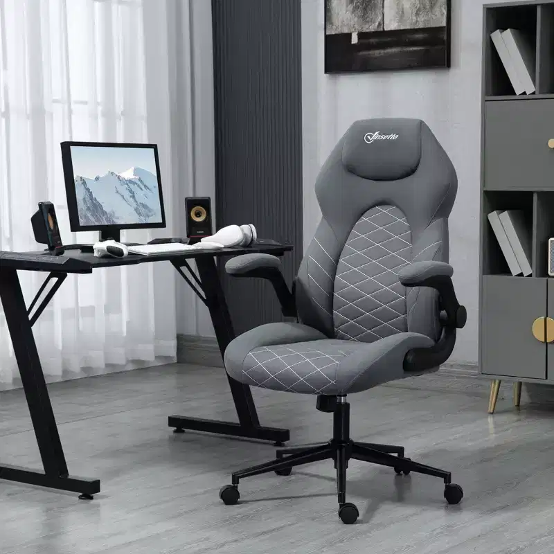 Okak High-Back Ergonomic Office Chair with Wheels, Desk Chair with Flip Up Armrests and Adjustable Height, Comfy Chair for Study, Office, Gray