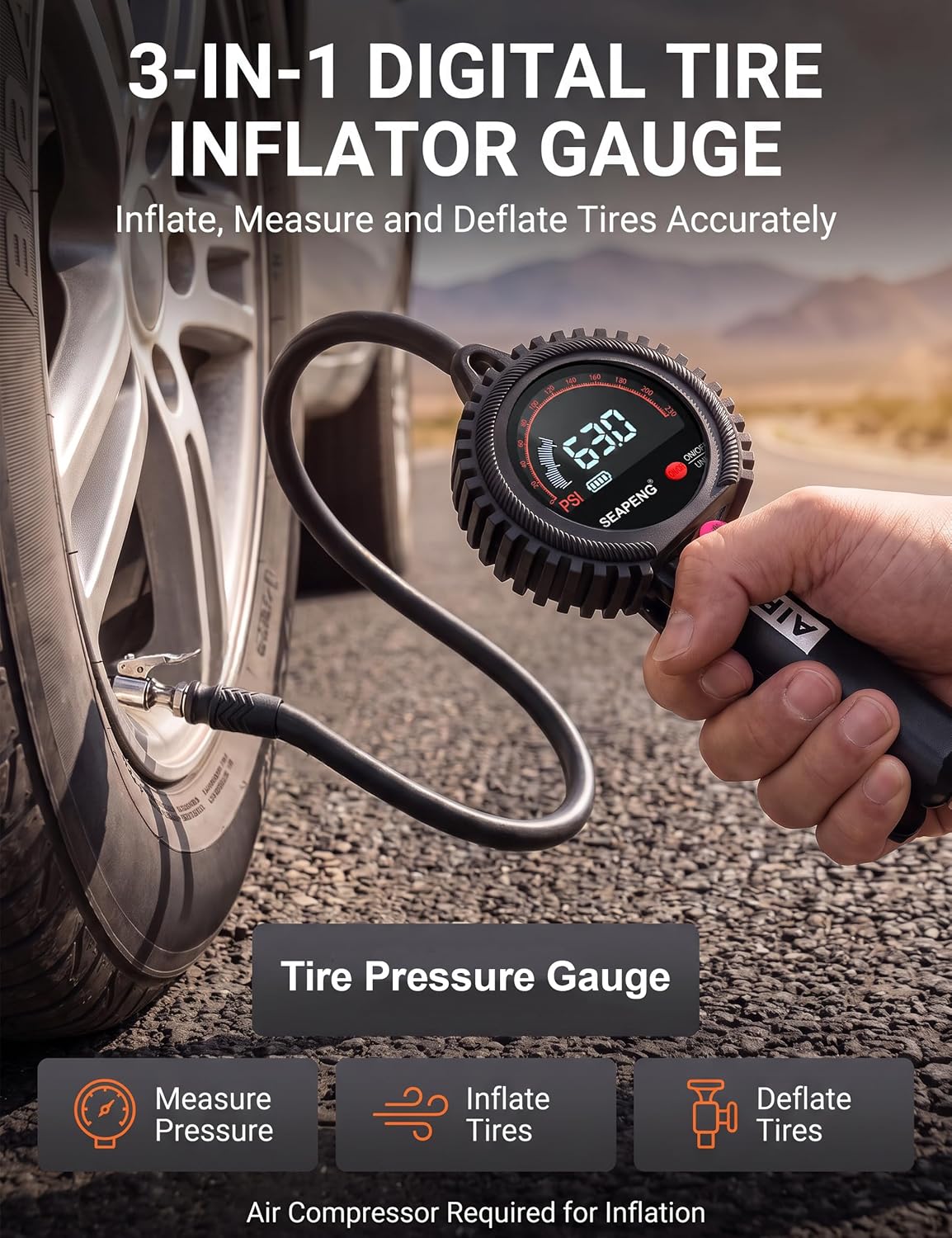 SEAPENG TB-801 Rechargeable Digital Tire Inflator Gauge, 5-230 PSI for cars, trucks, RVs and garages