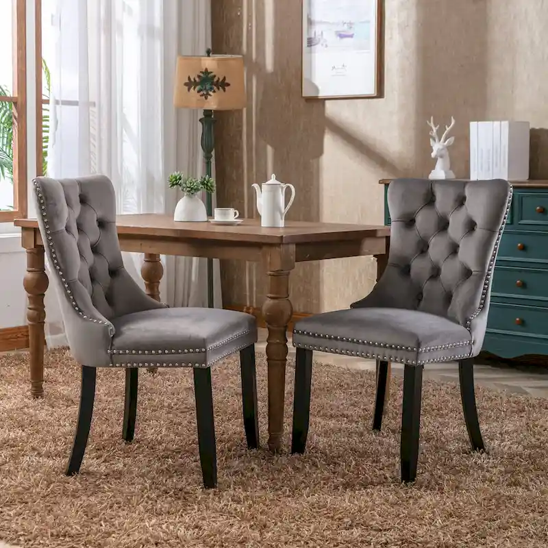 Modern Set of 2 Velvet Tufted Dining Chair with Wood Legs and Nailhead Trim
