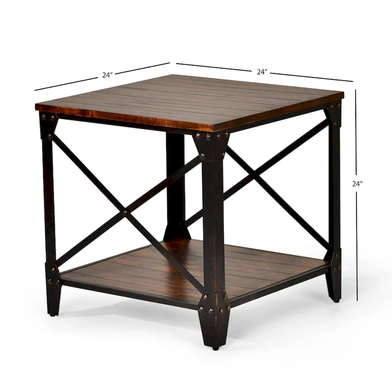 Solid Wood and Iron Rustic Square Side Table