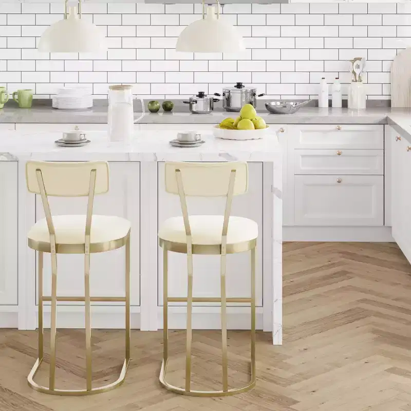 Bar Stools Set of 4, High Back Counter Height Bar Stools with White Velvet Upholstery & Gold Metal Legs, Soft Padded Kitchen Island Stools, Bar Chairs