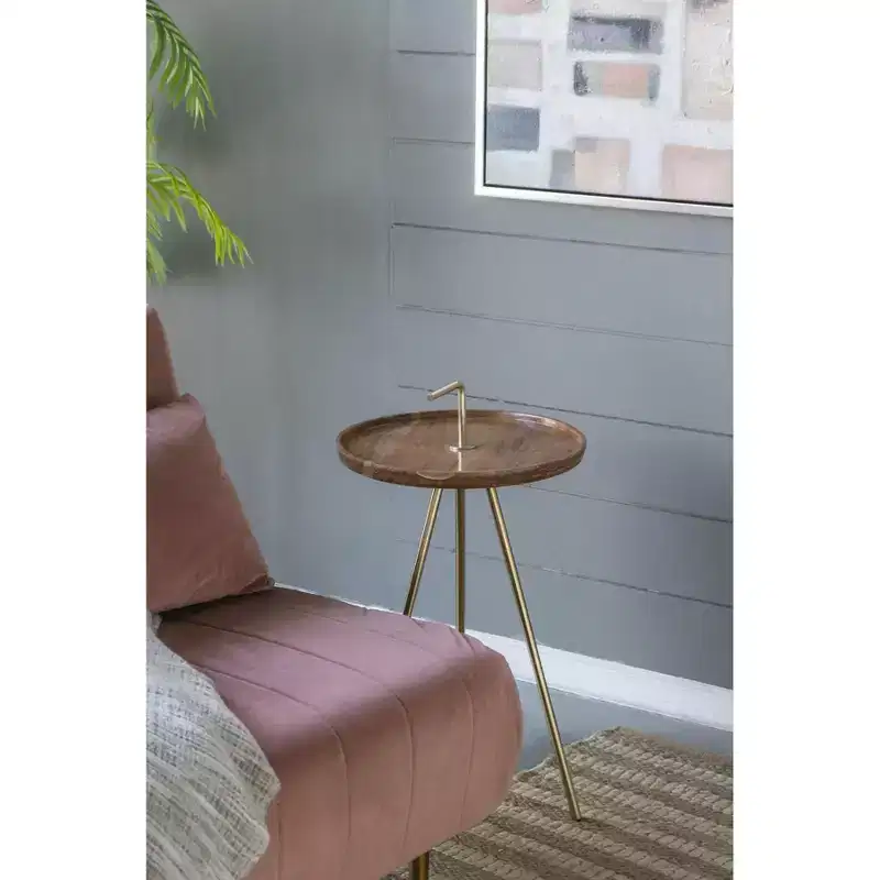 Acacia Wood Side Table with Tripod Steel Legs Brown Gold 16x23.5