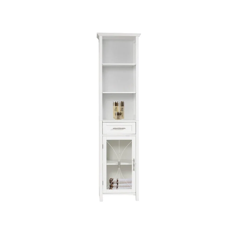 Home Delaney Freestanding Linen Tower with Open Shelves, Drawer, Cabinet - 13.5L x 17W x 65H