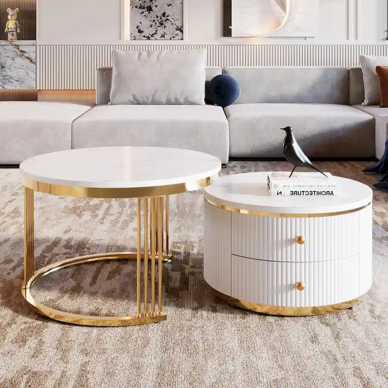 2 Pieces White Round Nesting Coffee Table with Drawers