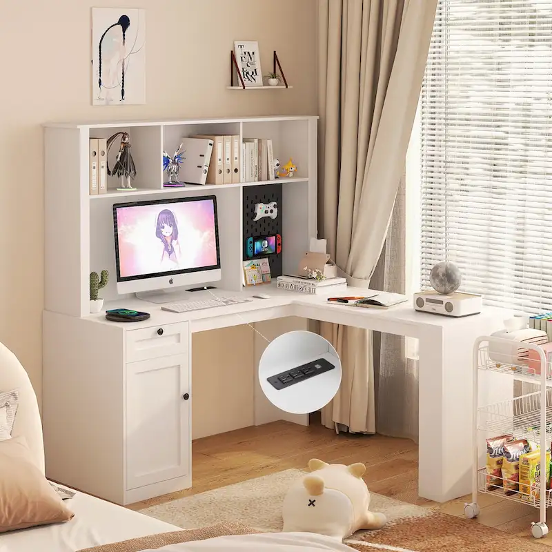 L-Shaped Computer Desk with Power Outlets, USB Ports, Drawers and Bookshelf