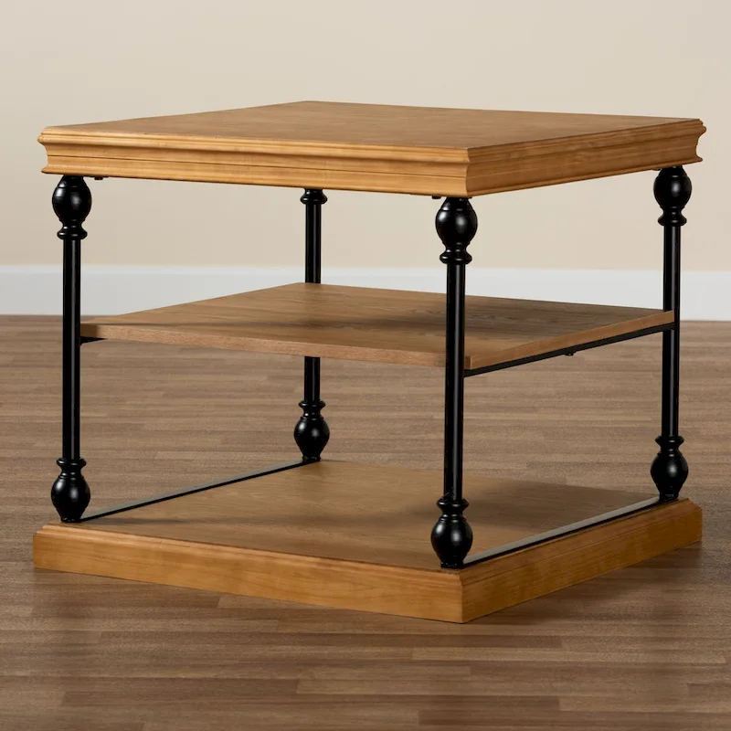 Sebastian Traditional Industrial Wood and Black Metal 3-Tier End Table