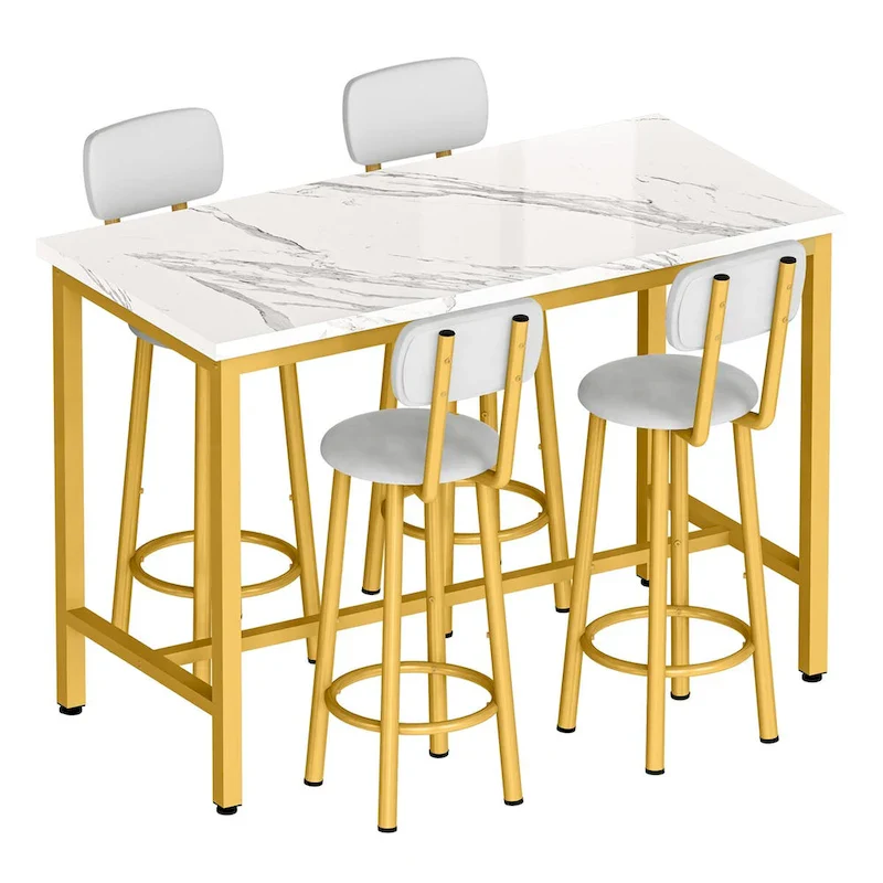 Mieres Modern Style 5 Pieces Dining Table Set, Faux Marble Top Bar Table with 4 Upholstered Bar Stools