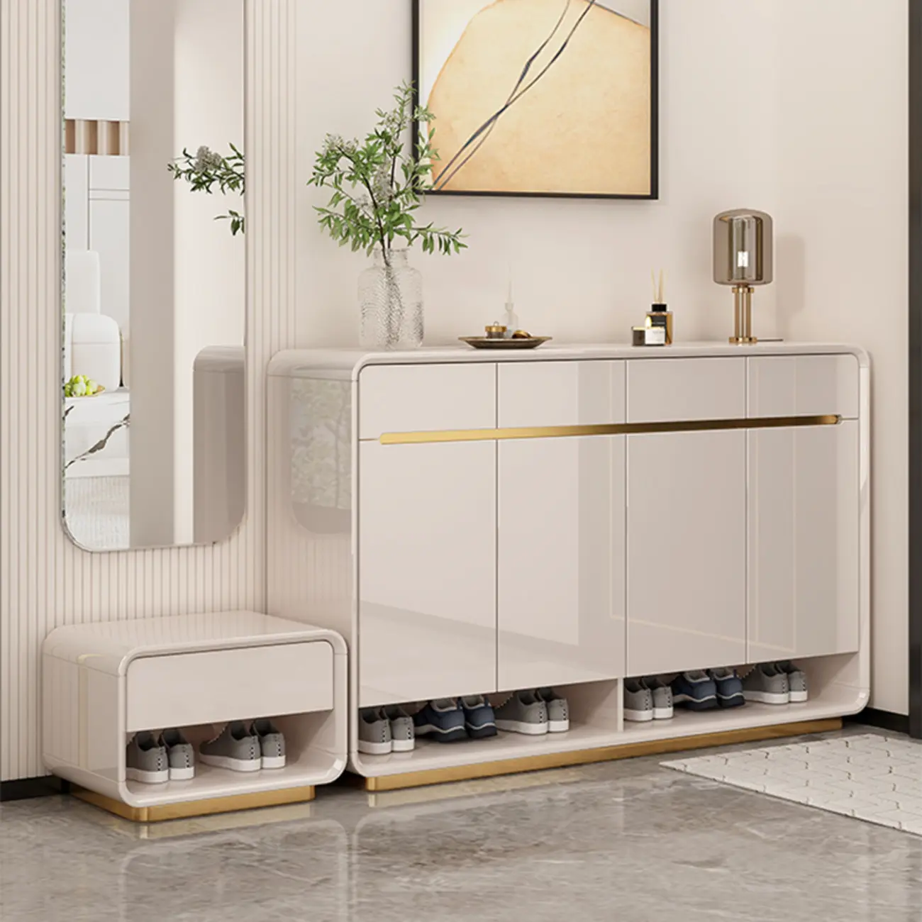 Glam Beige Solid Wood Shoe Cabinet with Display Top