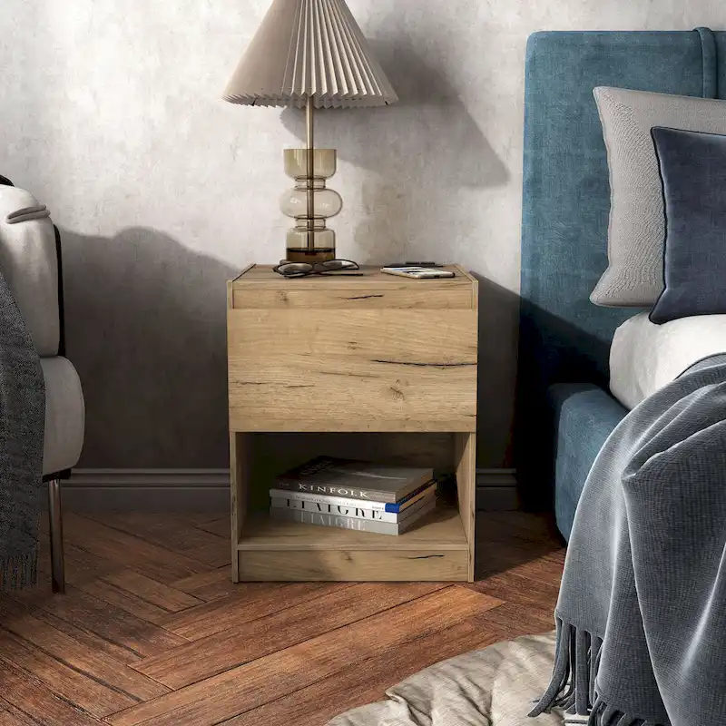 Rustic Light Oak 1-Drawer Nightstand with Charge Stand and Open Shelf
