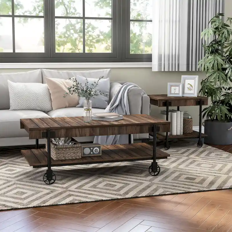 Farmhouse Steel 2-Piece Coffee Table Set with Shelf