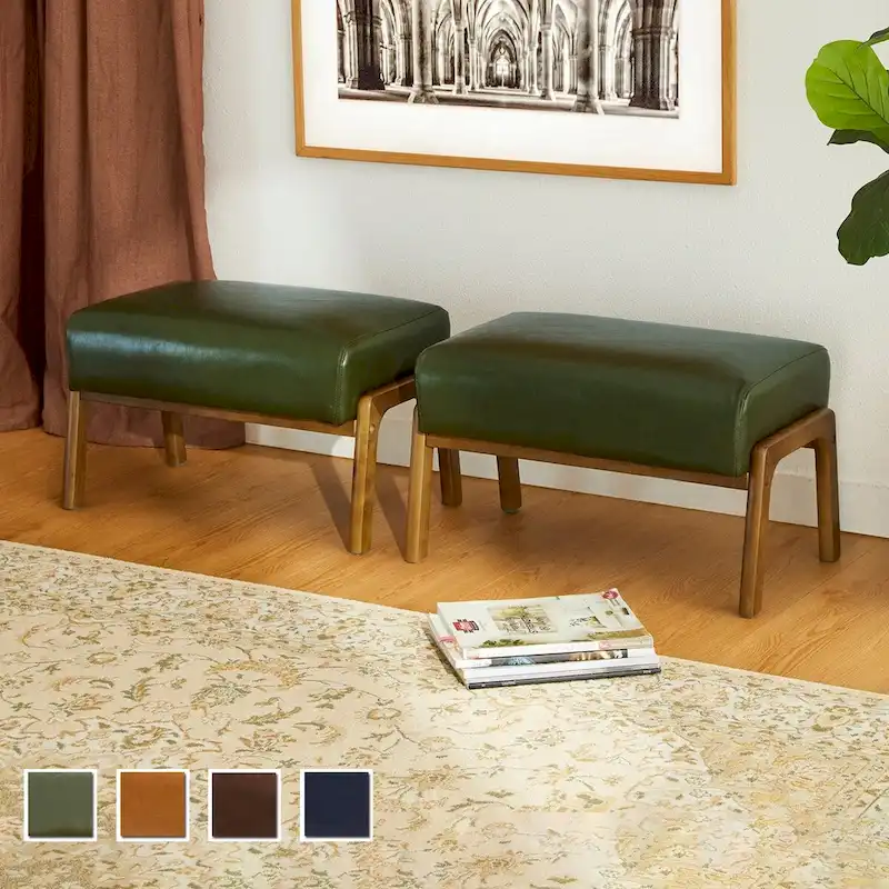 Glitzhome Set of 2 Mid-century Leatherette Ottoman Accent Stools