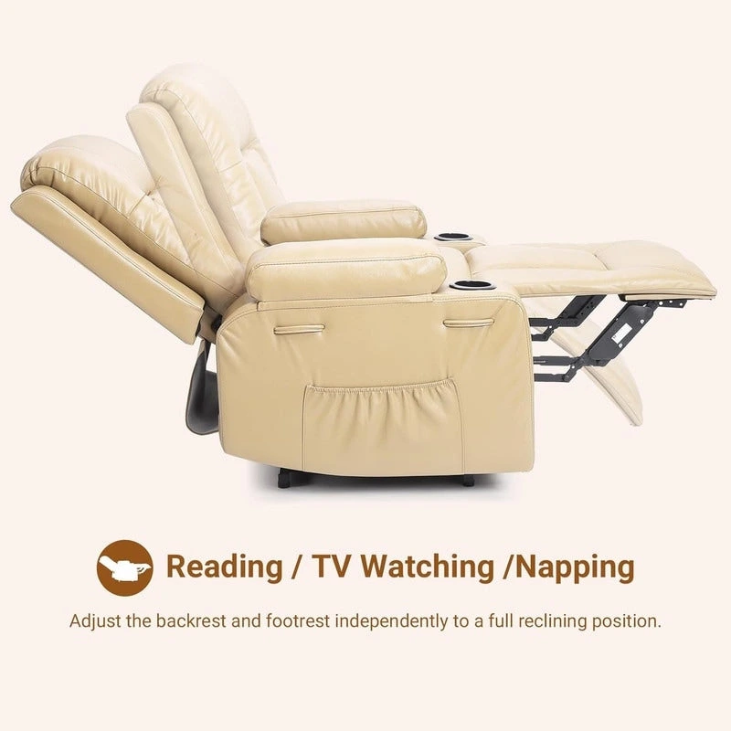 Power lift recliner chair with massage, cup holders, and side pocket.