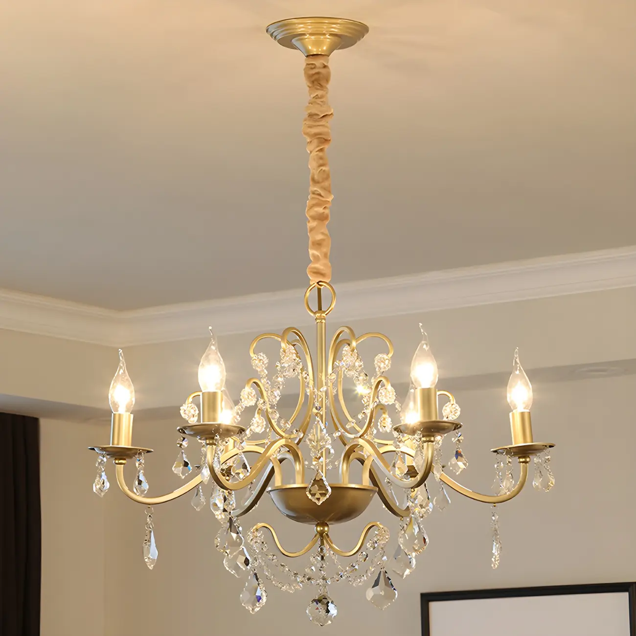 French Curved Arms Gold Crystal Candelabra Chandeliers