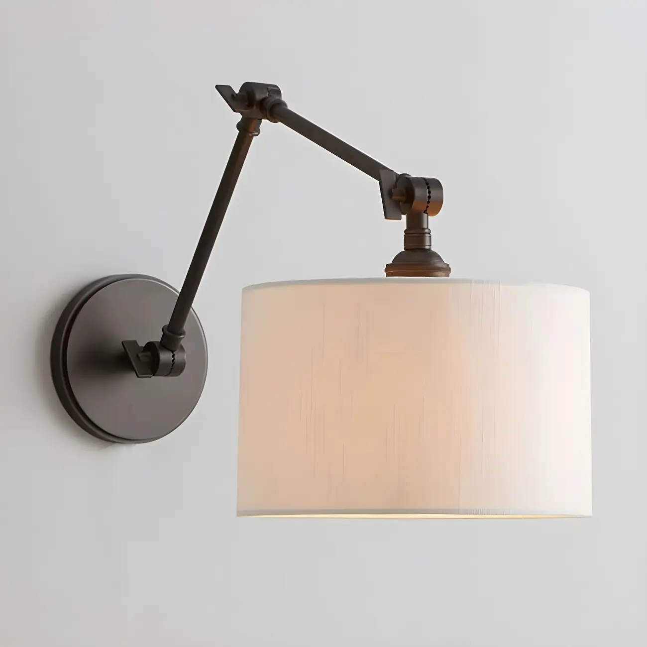 Black 1-Light Metal Swing Arm Wall Light with White Fabric Shade
