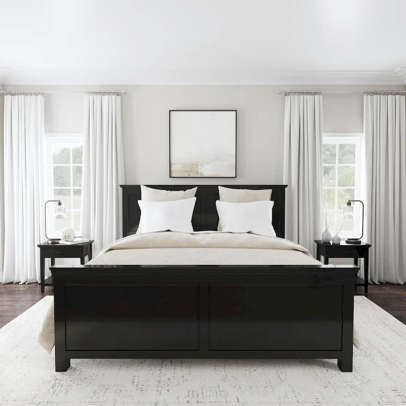 Oak Park Black Wood King Bed and Two Nightstands