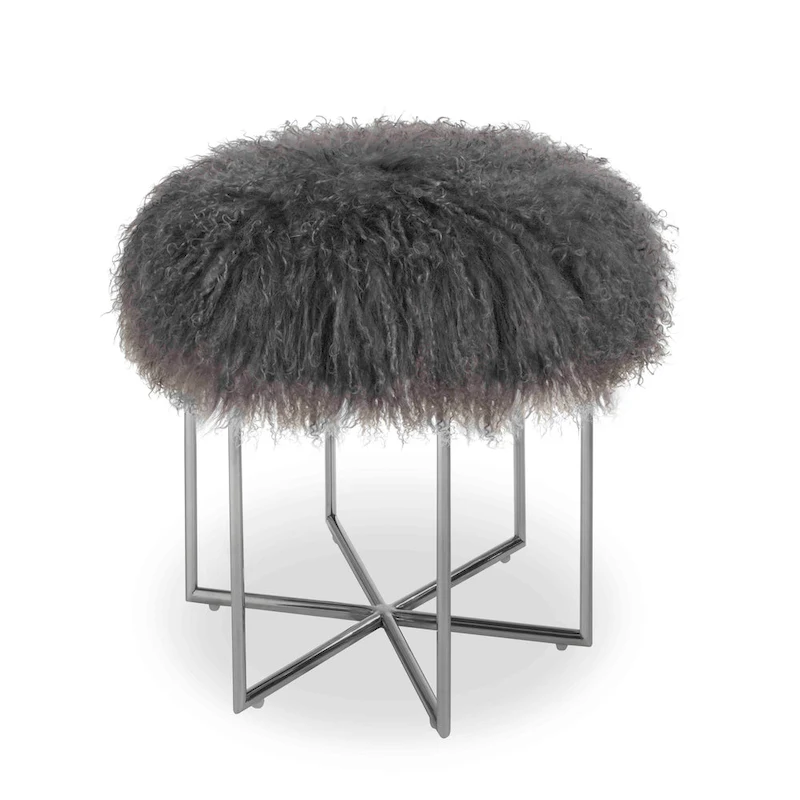 Bailey Real Sheepskin Mongolian/ Stainless Steel Ottoman