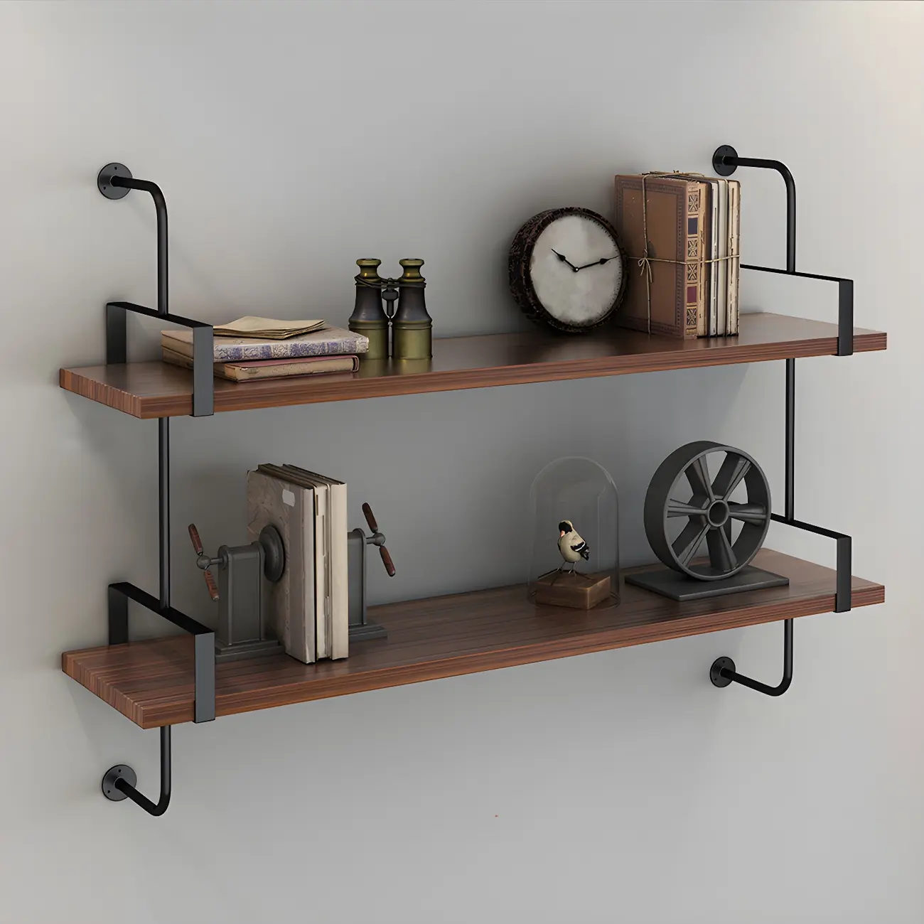 Industrial Wide 3-Tier Wooden Floating Bookcase