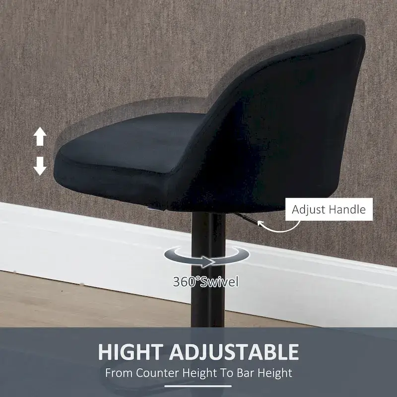 HOMCOM Adjustable Bar Stools Set of 2, Velvet Counter Height Barstool, Upholstered Kitchen Stool with Swivel Seat, Steel Frame
