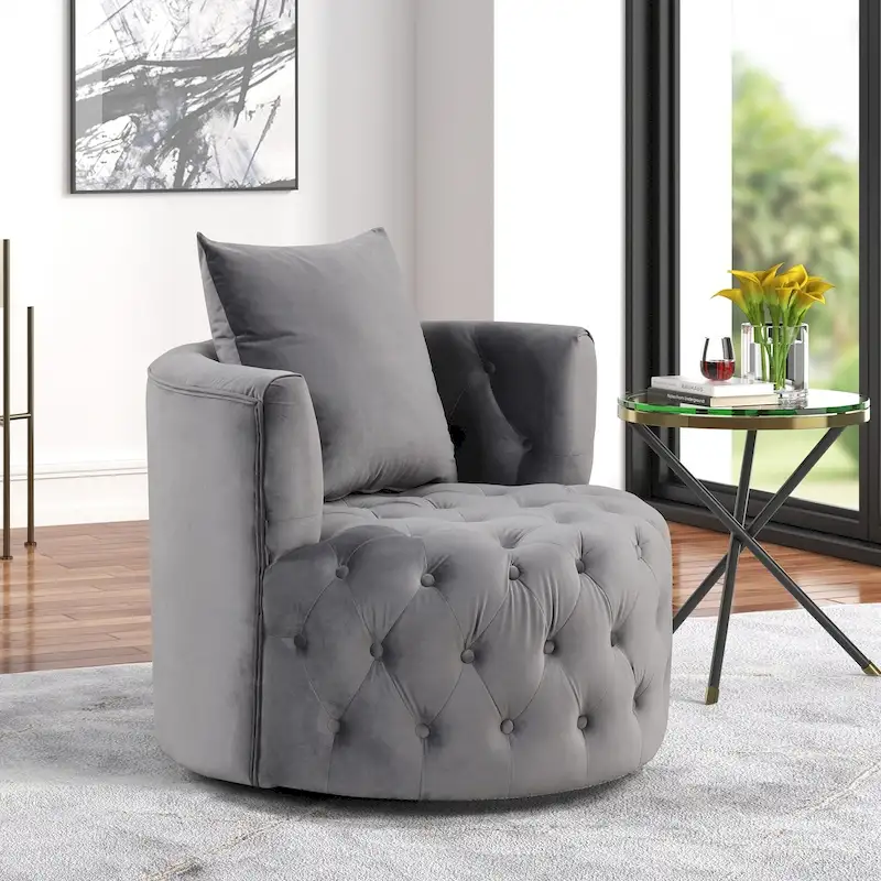 360 Degree Swivel Armchair, Modern Velvet Barrel Chair with one pillow, Oversized Round Accent Chair by Morden Fort