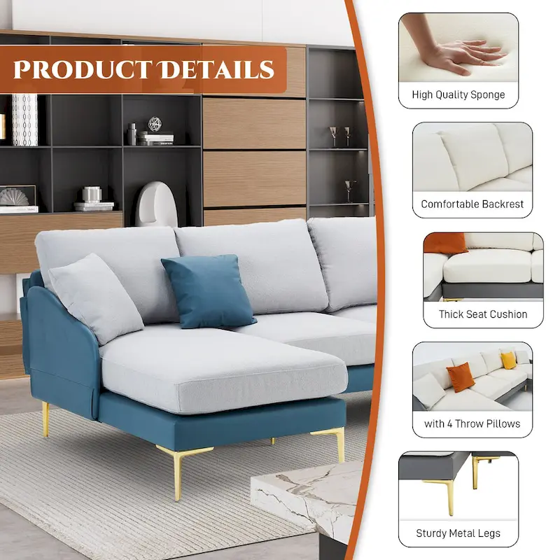 Ouyessir U-Shape Sectional Sofa 4-Seat Couch with Double Chaise Lounge