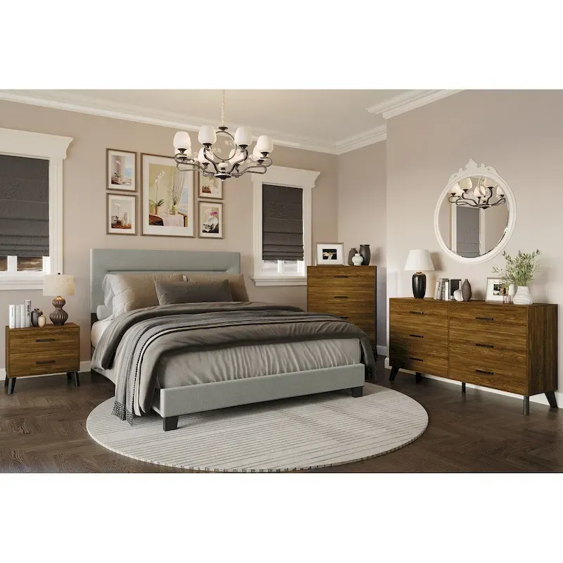 CraftPorch 4-pieces Contemporary Grey Bed with Brown Furniture Bedroom Set