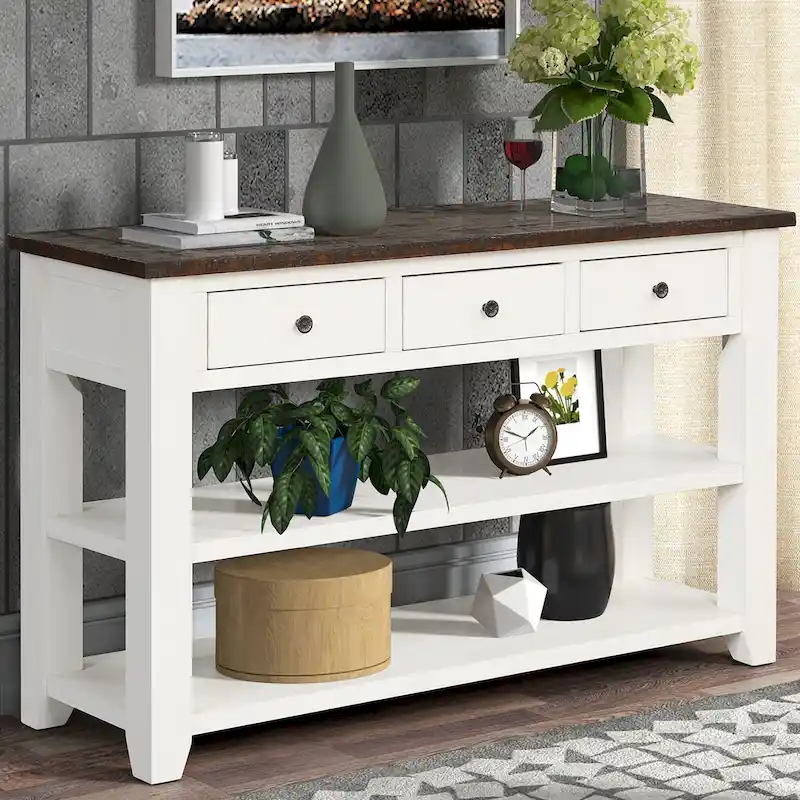 Modern Solid Pine Wood Top Console Table with 3 Drawers and 2 Shelves