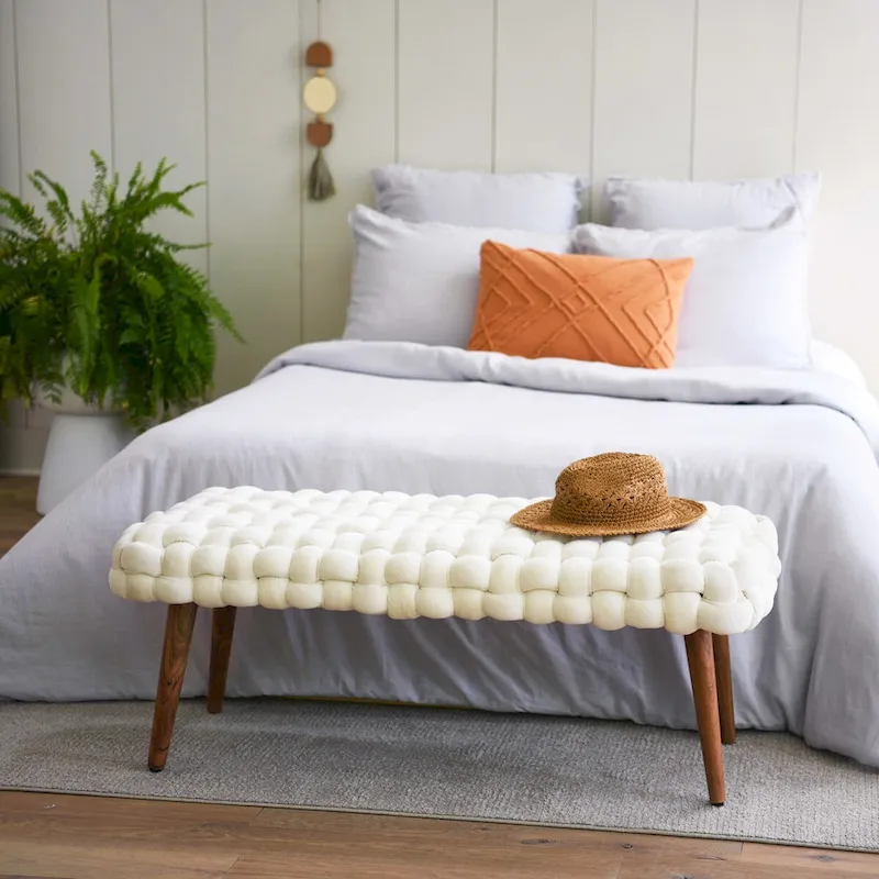 Chunky Woven Velvet Entryway Bench with Wood Legs