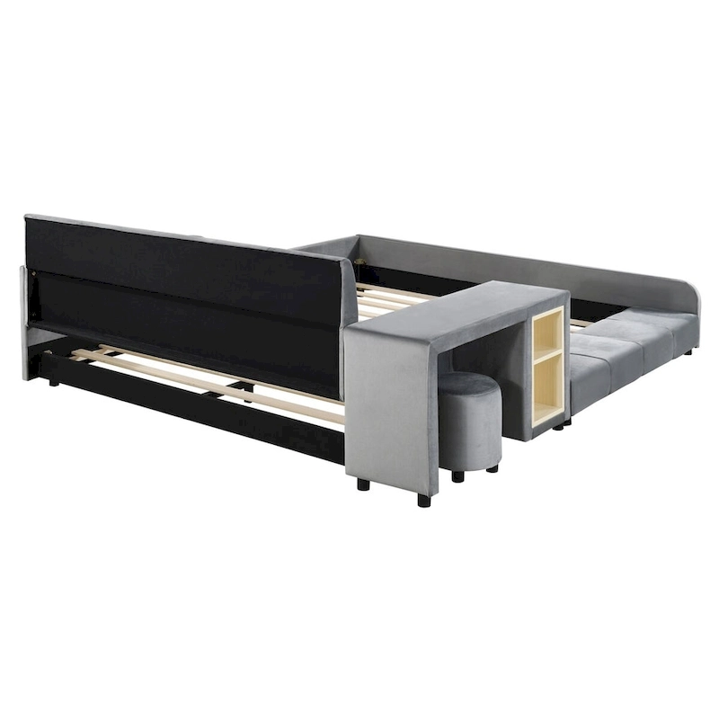 Upholstered Grounded Bed Mother & Child Bed with Bedside Desk and Little Round Stool