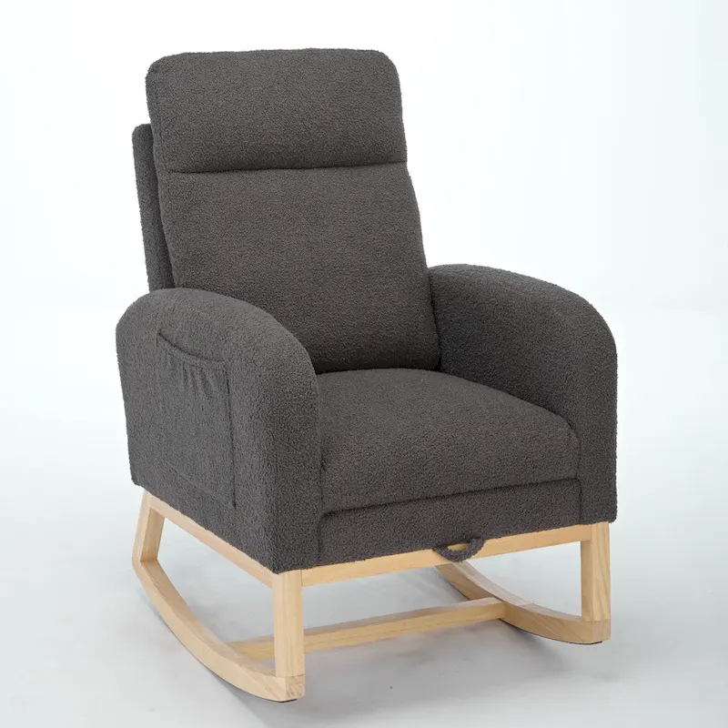 Modern 29.5 High Back Upholstered Rocking Chair with Solid Wood Legs and Adjustable Footrest