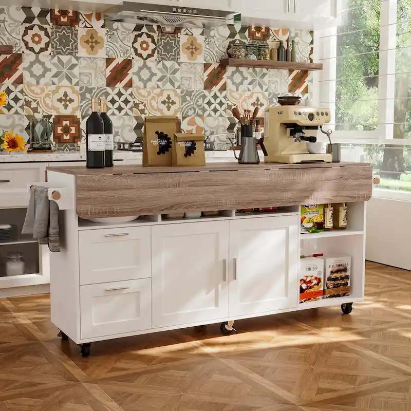 Rolling Kitchen Island Cart with Flip-Top Table, 2 Drawers, 2 Cabinets, and Towel Rack Buffet Sidboard