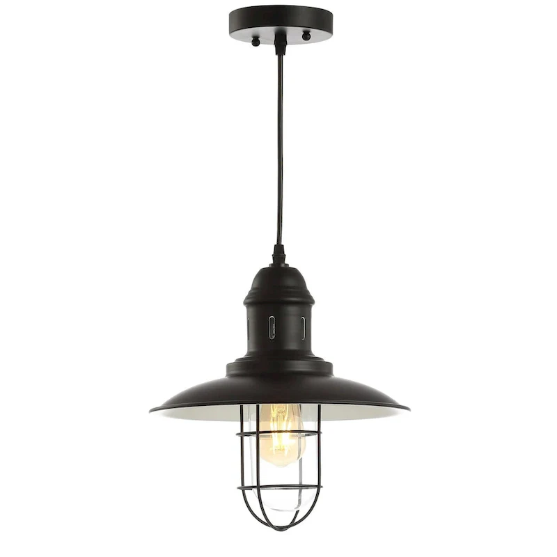 Deere 12  Adjustable Iron/Glass Cage Light LED Kitchen Pendant, Black by JONATHAN Y