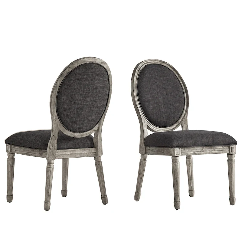 Round Linen and Wood Dining Chairs Set of 2, Artisan Style Upholstered Side Chairs