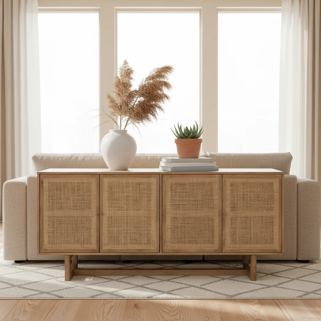 Light Brown Solid Wood with Cane 4 Door Sideboard - 72.0L x 18.0W x 31.0H