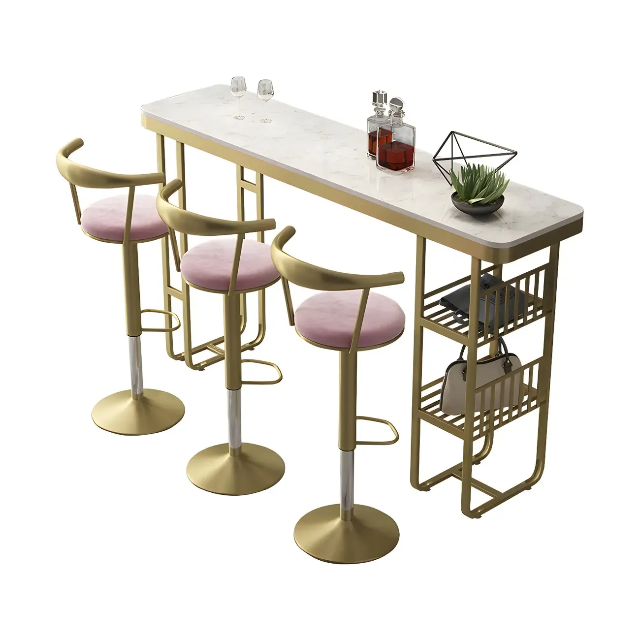Glam Gold White Faux Marble Shelf Bar Tables