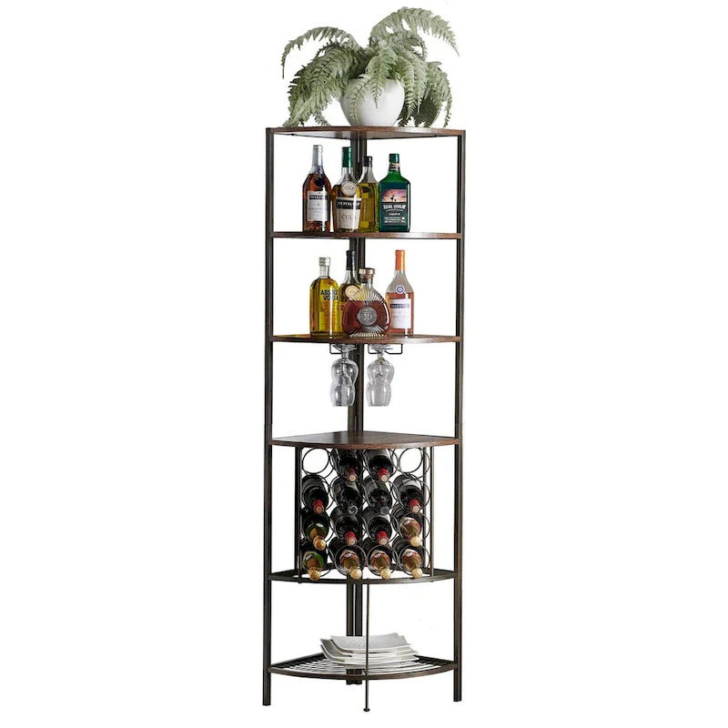 Corner Wine Rack with Wooden Shelves, Stemware Racks and Wire Wine Rack
