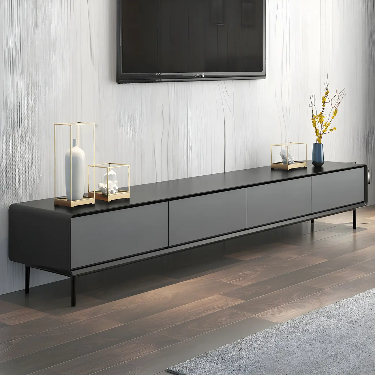 4-Drawer Elegant Grey Long Wooden TV Stand with Legs