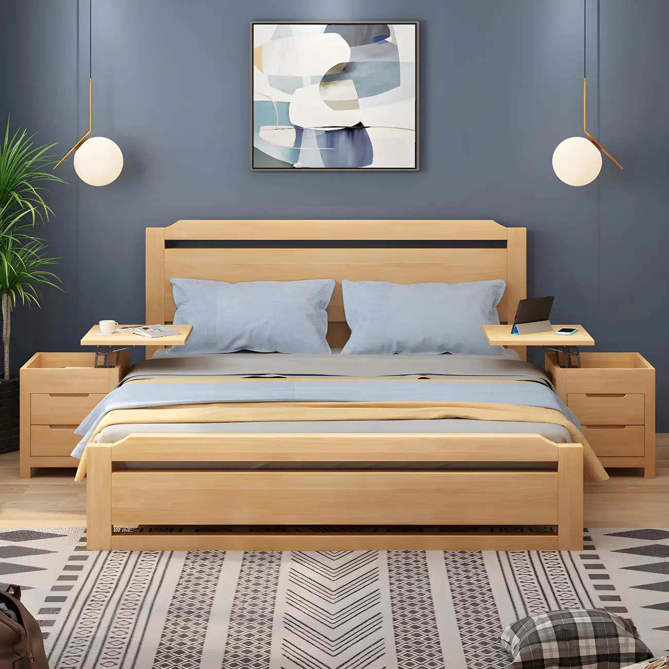 Narrow Rubberwood Lift-Top Bed Side Table with Drawers