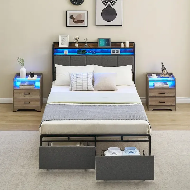 Vintage Upholstered Platform Bed Frame with Storage Drawers