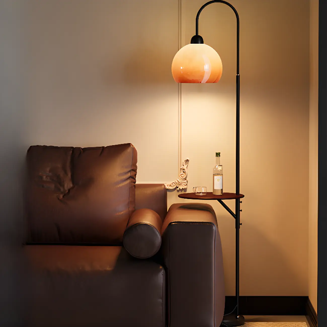 Modern Orange Dome Shade Metal Arc Floor Lamp with Table