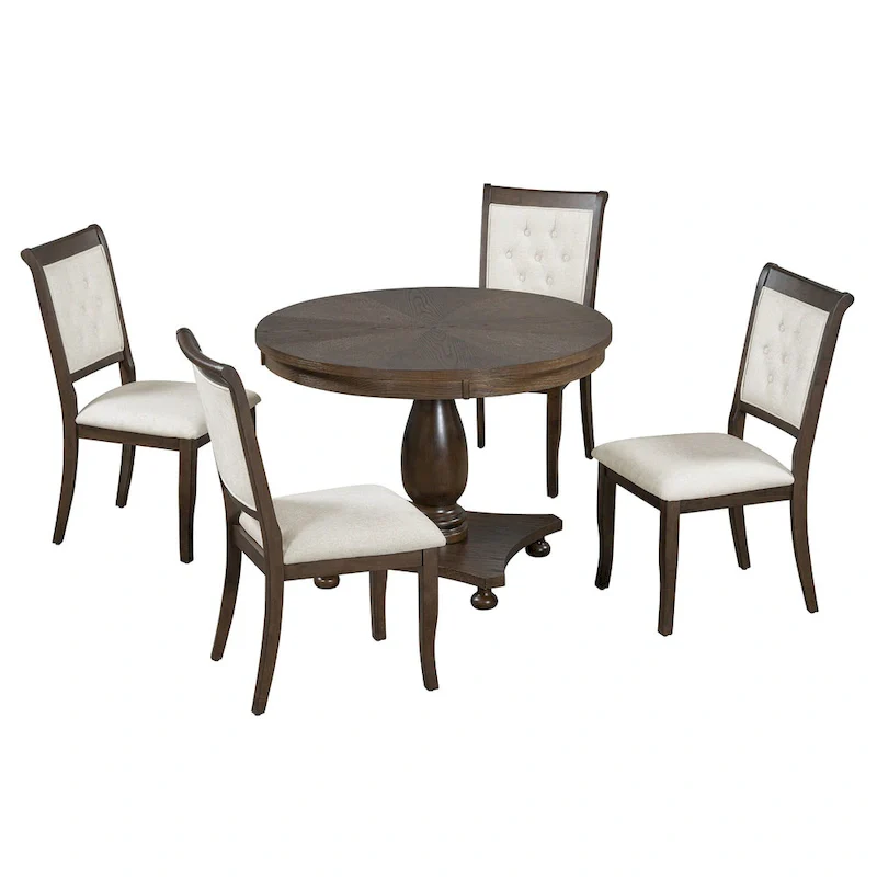 5 Piece Dining Table Set, Solid Wood Kitchen Dining Room Table Set with Round Dining Table and 4 Upholstered Chairs