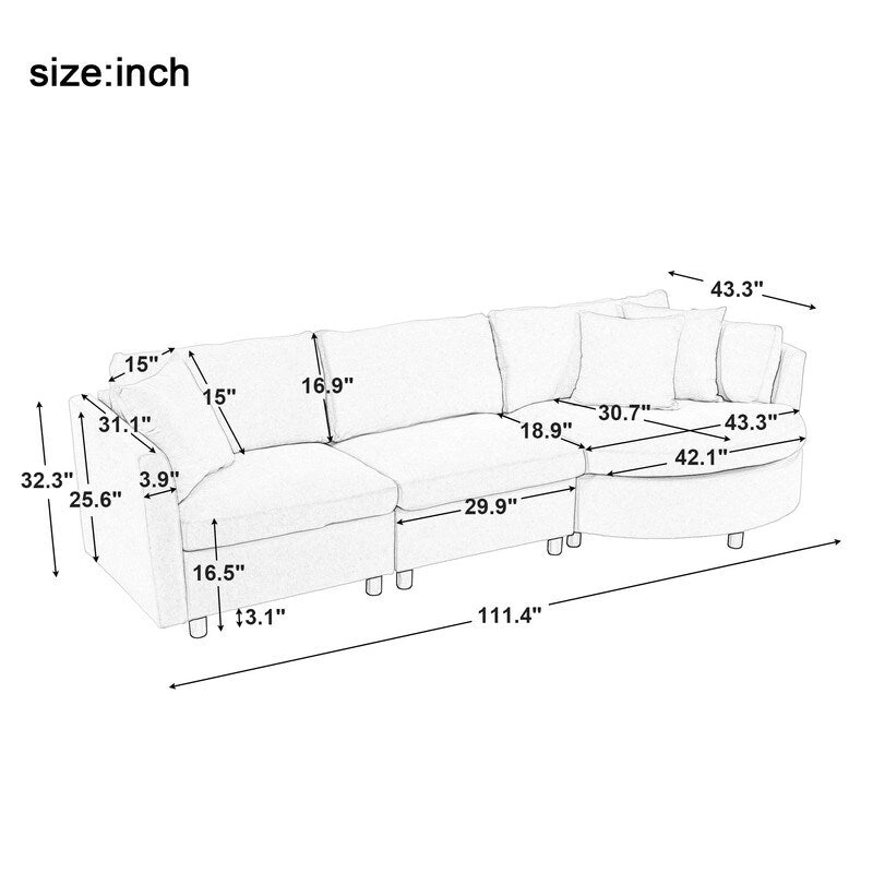 Modern Cushioned Combination Sofas with 3 Pillows and Curved Seat