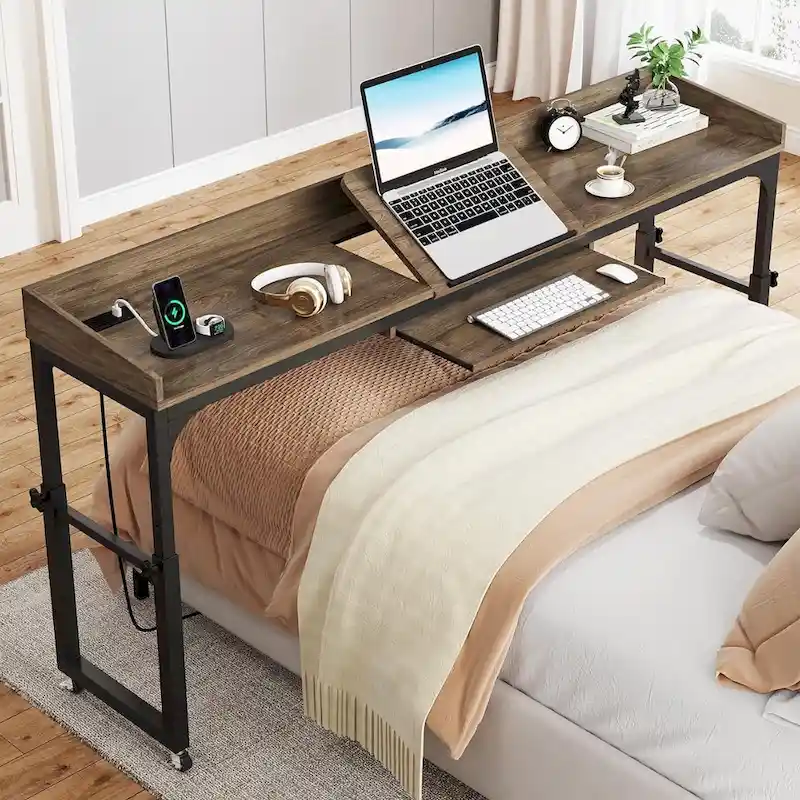 Height Adjustable Overbed Table with Wheels, Mobile Laptop Cart with Outlets & USB Ports