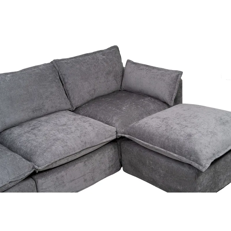 93.31 Faux Linen Modular Sectional Sofa with Movable Ottoman, Solid Wood Frame, and High-Resilience Foam Cushions