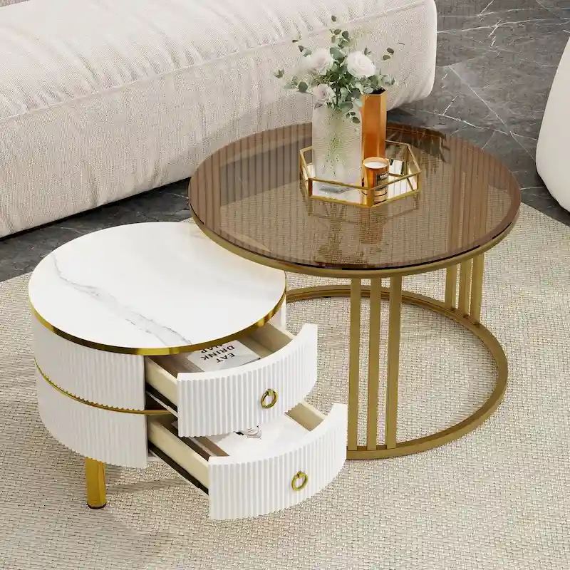 Stackable Round Coffee Table with 2 Drawers, Modern Nesting Tables