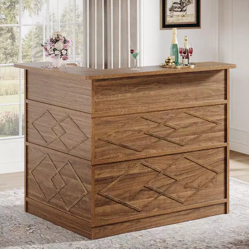 Brown L-Shaped Bar Cabinet with Glass Holder & Storage Shelves, Seats Up to 6