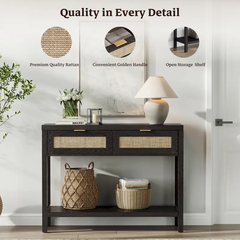 SICOTAS Rattan Console Table with 2 Drawers and Shelves - 30 x 39.4 x 13.8