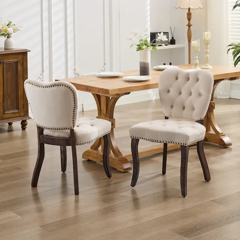 Velvet Tufted Dining Chairs Set of 2 with Wooden Legs